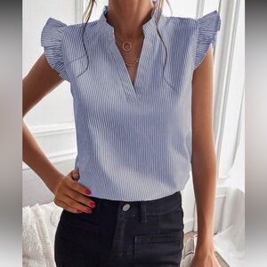 Blue Striped Notched Neck Ruffle Sleeve Top